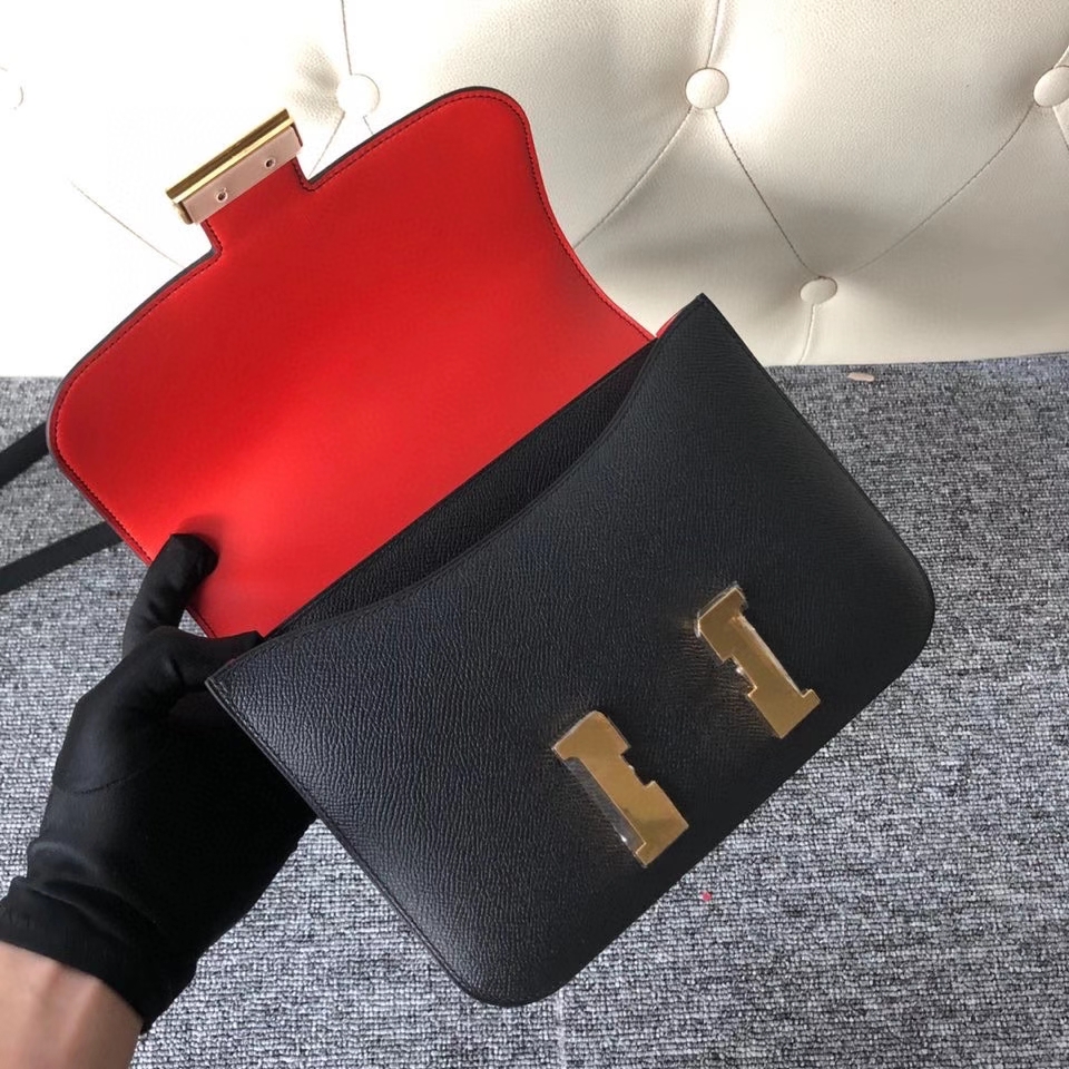 Hermès（爱马仕）Constance 24cm Epsom 原厂掌纹皮  ck89黑色  Noir 内拼 Q5 国旗红 金扣 马蹄印 顶级手缝 现货