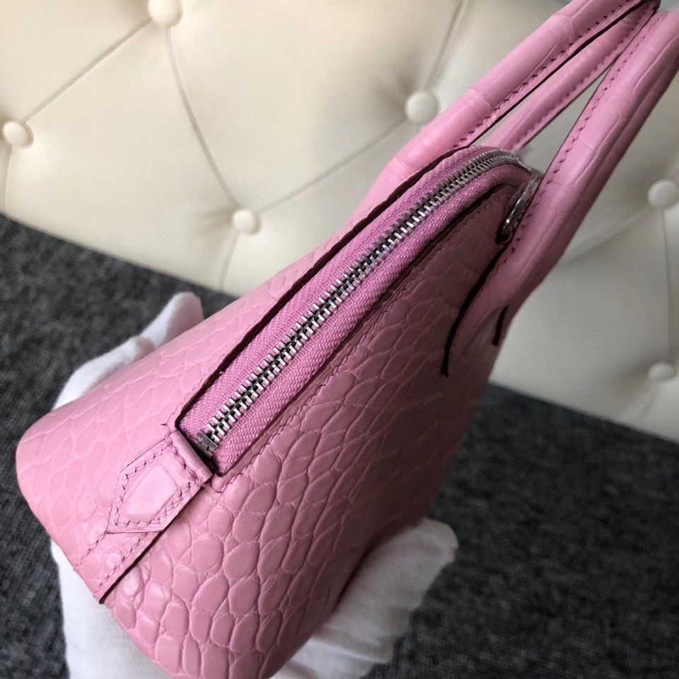Hermès（爱马仕）Mini bolide alligator matt 雾面鳄鱼 5p 樱花粉  银扣 顶级手缝 现货