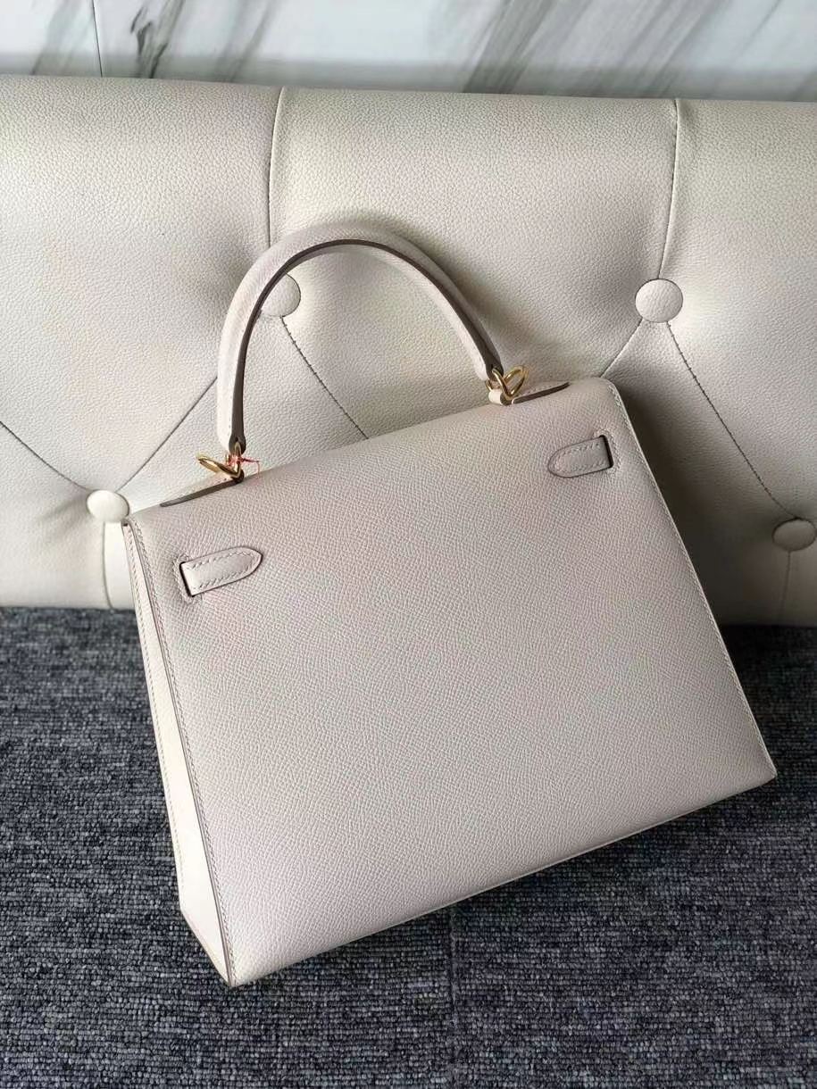 Hermès（爱马仕）Kelly 25cm 原厂掌纹皮 Epsom ck10奶昔白 Craie 内拼孔雀绿 malachite 金扣