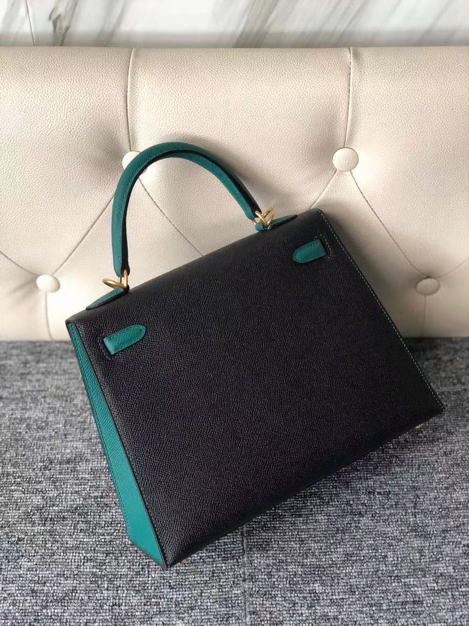 Hermès（爱马仕）Kelly 25cm 原厂掌纹皮 Epsom ck89 黑色 Noir 拼 Z6 孔雀绿 拉丝金扣 马蹄印 顶级手缝 现货