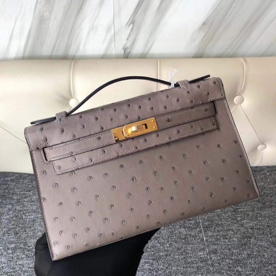 Hermès（爱马仕）Mini kelly pochette 22cm Ostrich kk 鸵鸟 m8 沥青灰 顶级手缝 手拿包 晚宴包  现货
