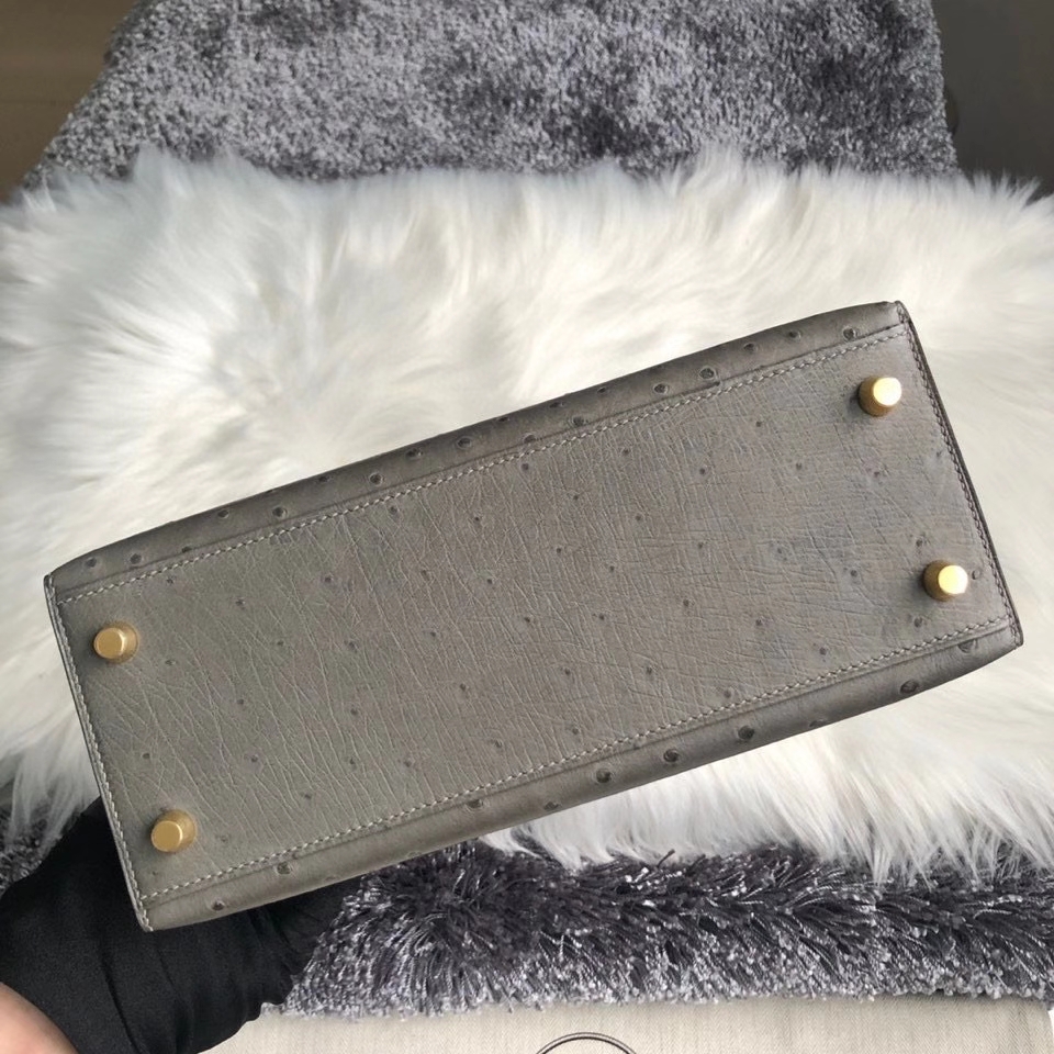 Hermès（爱马仕）Kelly 25cm Ostrich kk鸵鸟 M8 沥青灰 Gris Ashpite 金扣 顶级手缝 现货
