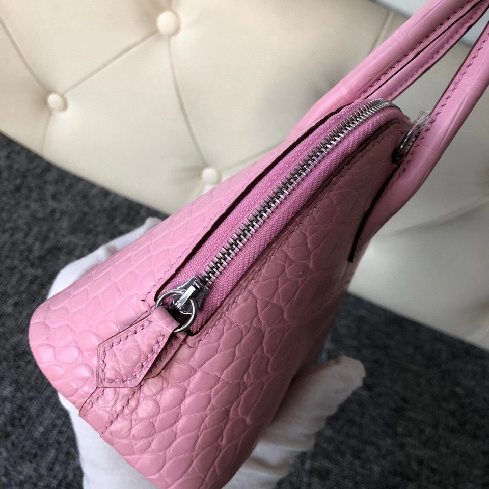 Hermès（爱马仕）Mini bolide alligator matt 雾面鳄鱼 5p 樱花粉  银扣 顶级手缝 现货