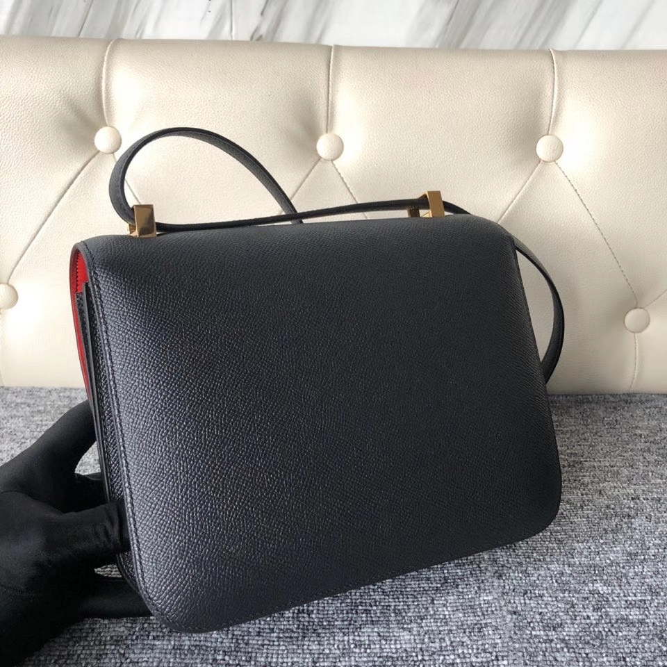 Hermès（爱马仕）Constance 24cm Epsom 原厂掌纹皮  ck89黑色  Noir 内拼 Q5 国旗红 金扣 马蹄印 顶级手缝 现货