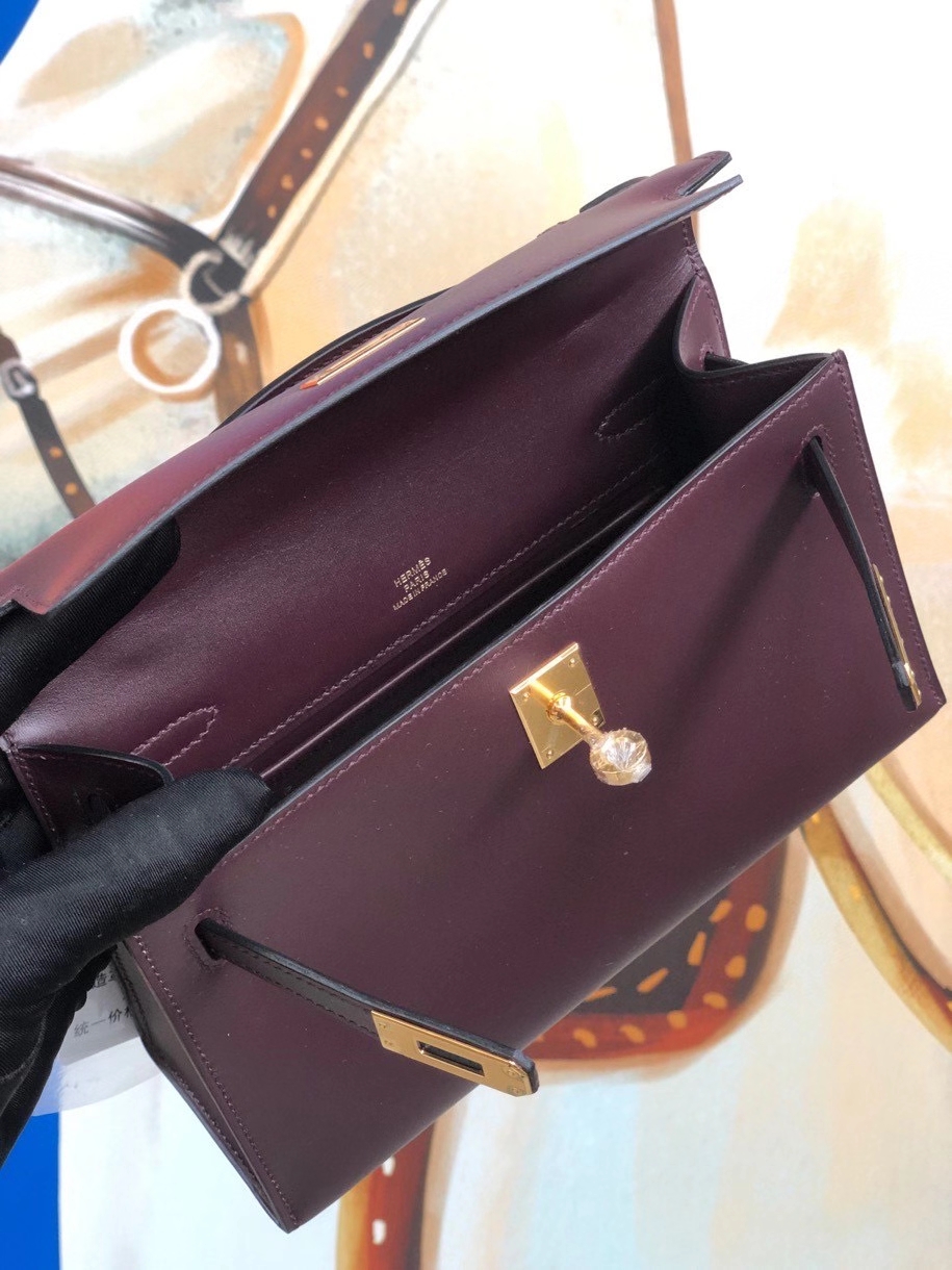 Hermès（爱马仕）Mini Kelly pochette 22cm Boxcalf ck57 波尔多酒红 Bordeaux 金扣 顶级手缝 现货