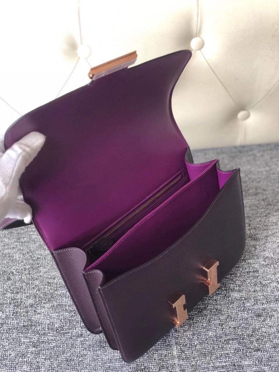 Hermès（爱马仕）Constance 24cm Epsom 原厂掌纹皮 葡萄紫内拼海葵紫 玫瑰金 Rose gold 顶级手缝 定制