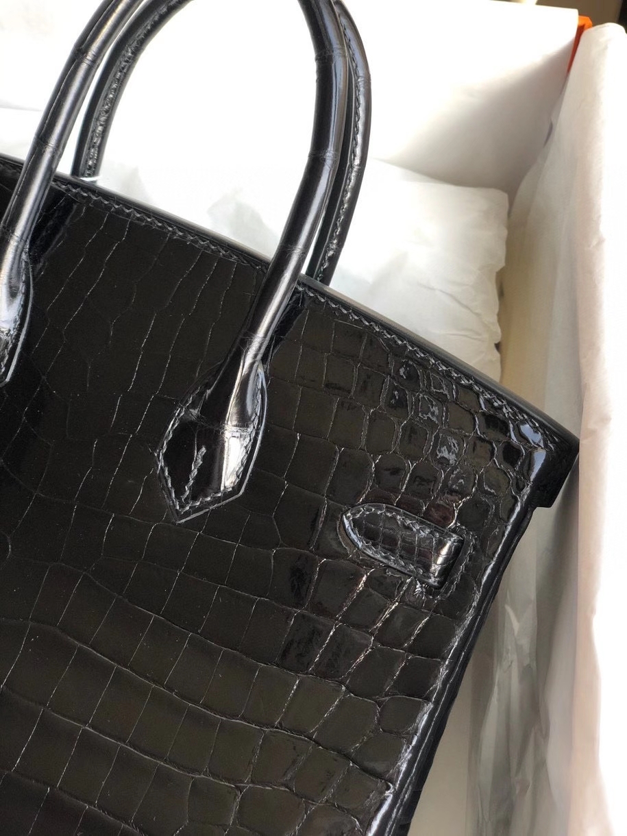 Hermès（爱马仕）Birkin 25cm Crocodile shiny 亮面鳄鱼ck89 黑色 Noir 金扣 顶级手缝 现货