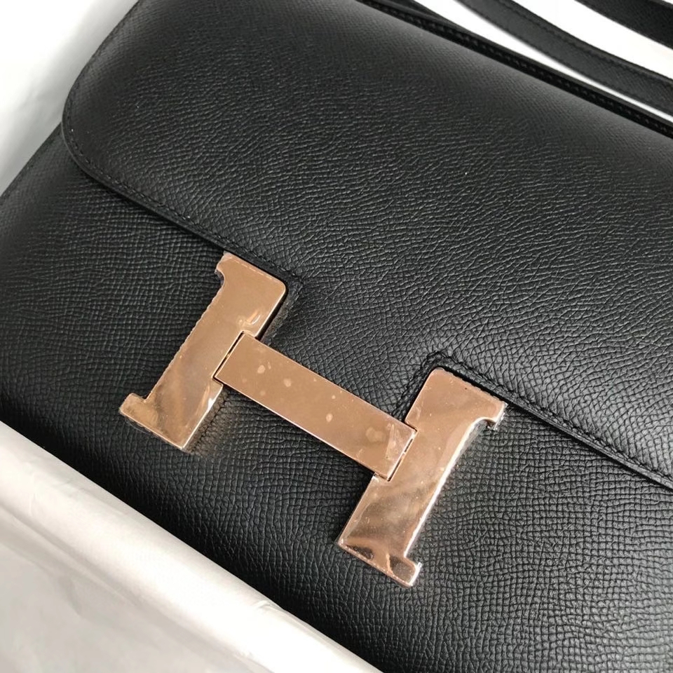 Hermès（爱马仕）Constance 24cm Epsom 原厂掌纹皮  ck89黑色  Noir  玫瑰金扣 Rose gold  顶级手缝 现货