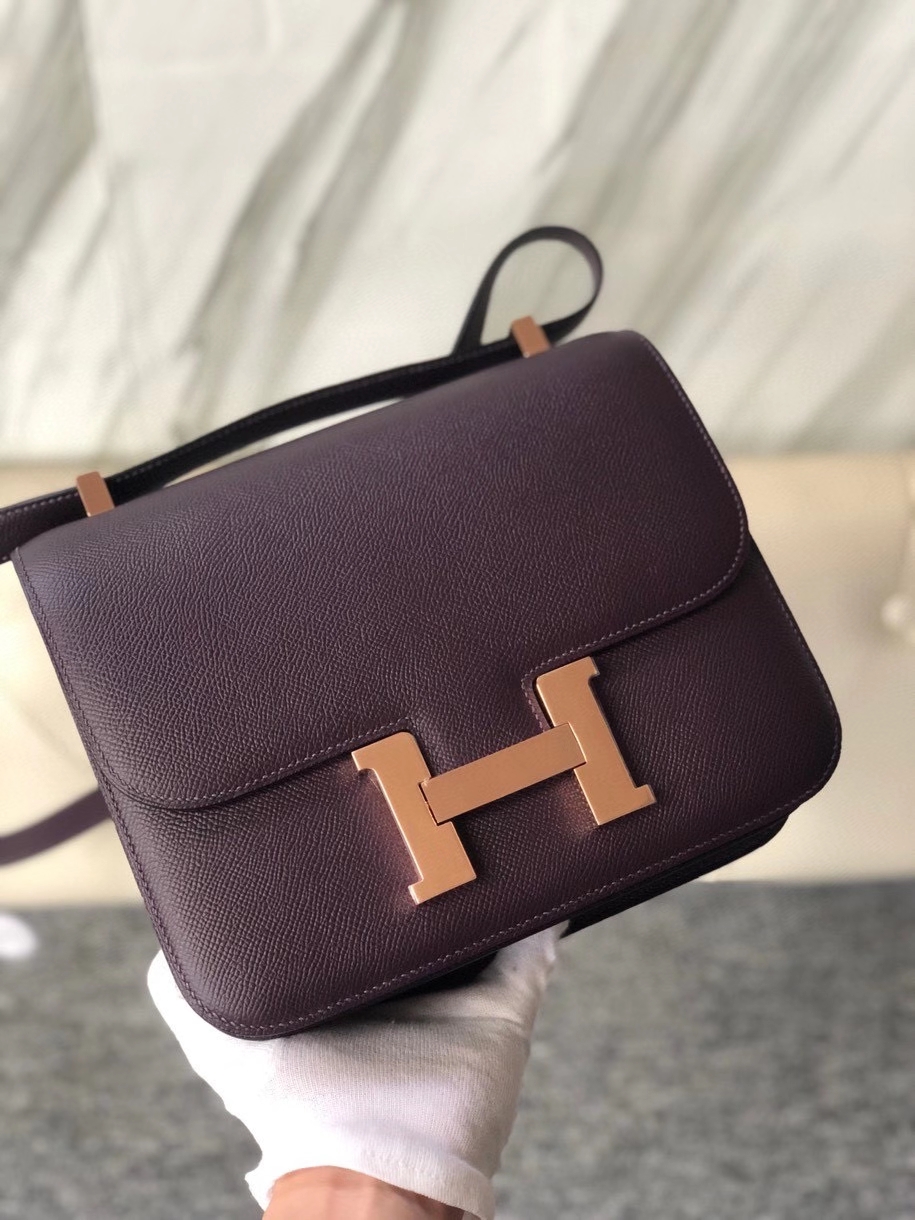 Hermès（爱马仕）Constance 24cm Epsom 原厂掌纹皮 葡萄紫内拼海葵紫 玫瑰金 Rose gold 顶级手缝 定制