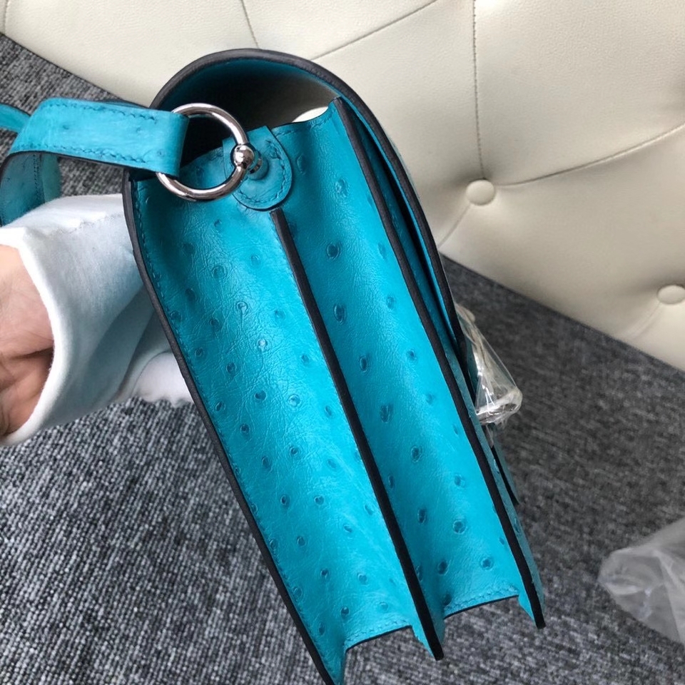 Hermès（爱马仕）Roulis 24cm Ostrich kk鸵鸟 蒂芙尼蓝 银扣 顶级手缝 定制