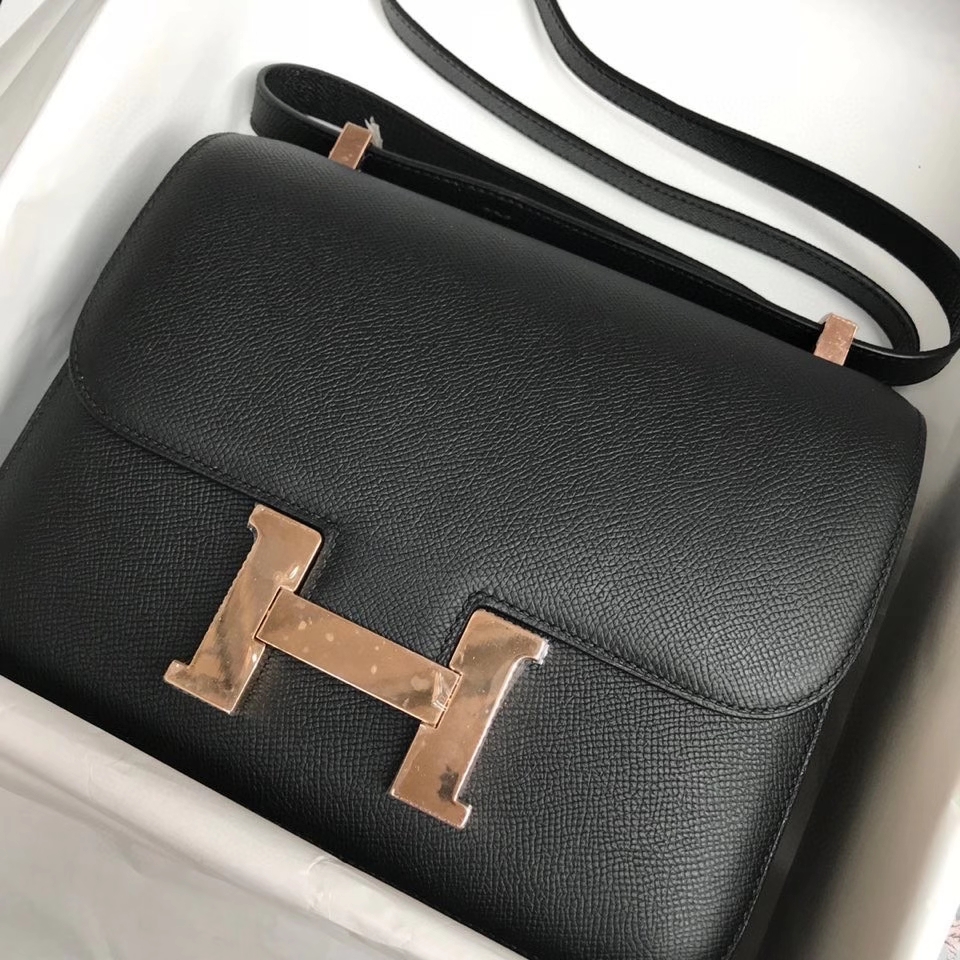 Hermès（爱马仕）Constance 24cm Epsom 原厂掌纹皮  ck89黑色  Noir  玫瑰金扣 Rose gold  顶级手缝 现货