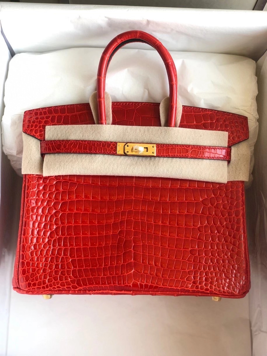 Hermès（爱马仕）Birkin 25cm Porosus shiny 亮面澳洲湾鳄 ck95 法拉利红 Braise 金扣 顶级手缝 现货