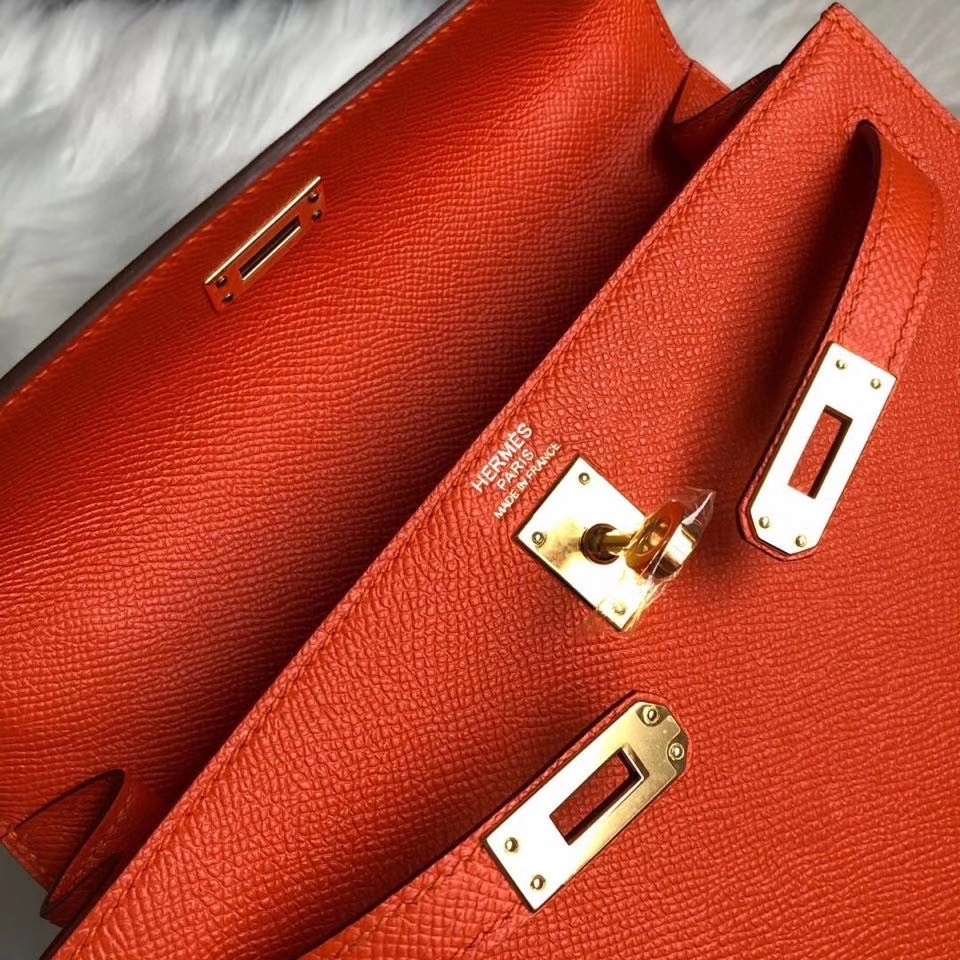 Hermès（爱马仕）Kelly 25cm Eposom 原厂掌纹皮 9J 火焰橙色 FEU. 金扣 顶级手缝 超美现货