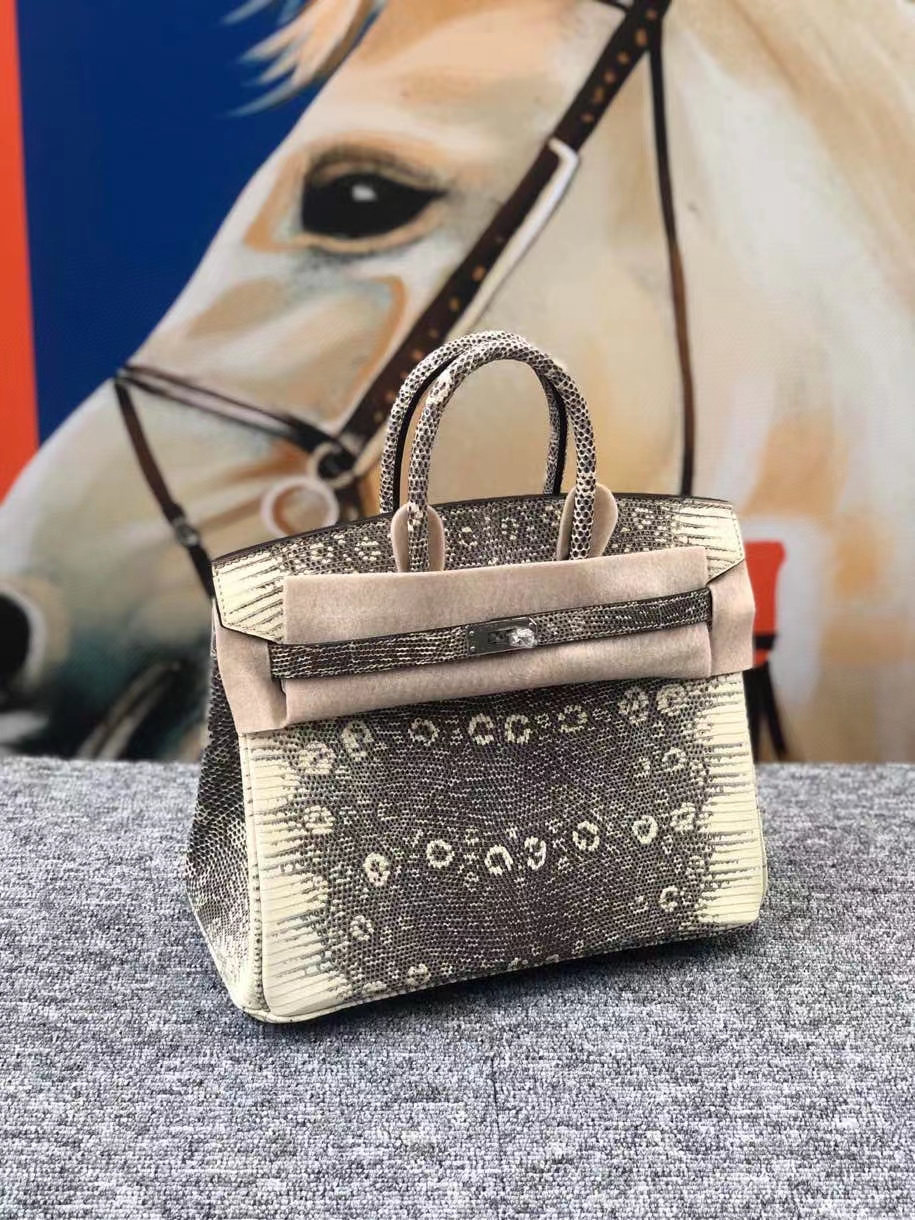 Hermès（爱马仕）Birkin 25cm Lizard 进口亮面蜥蜴 03原色 小喜马拉雅色 银扣 现货