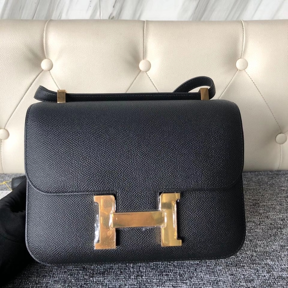 Hermès（爱马仕）Constance 24cm Epsom 原厂掌纹皮  ck89黑色  Noir 内拼 Q5 国旗红 金扣 马蹄印 顶级手缝 现货