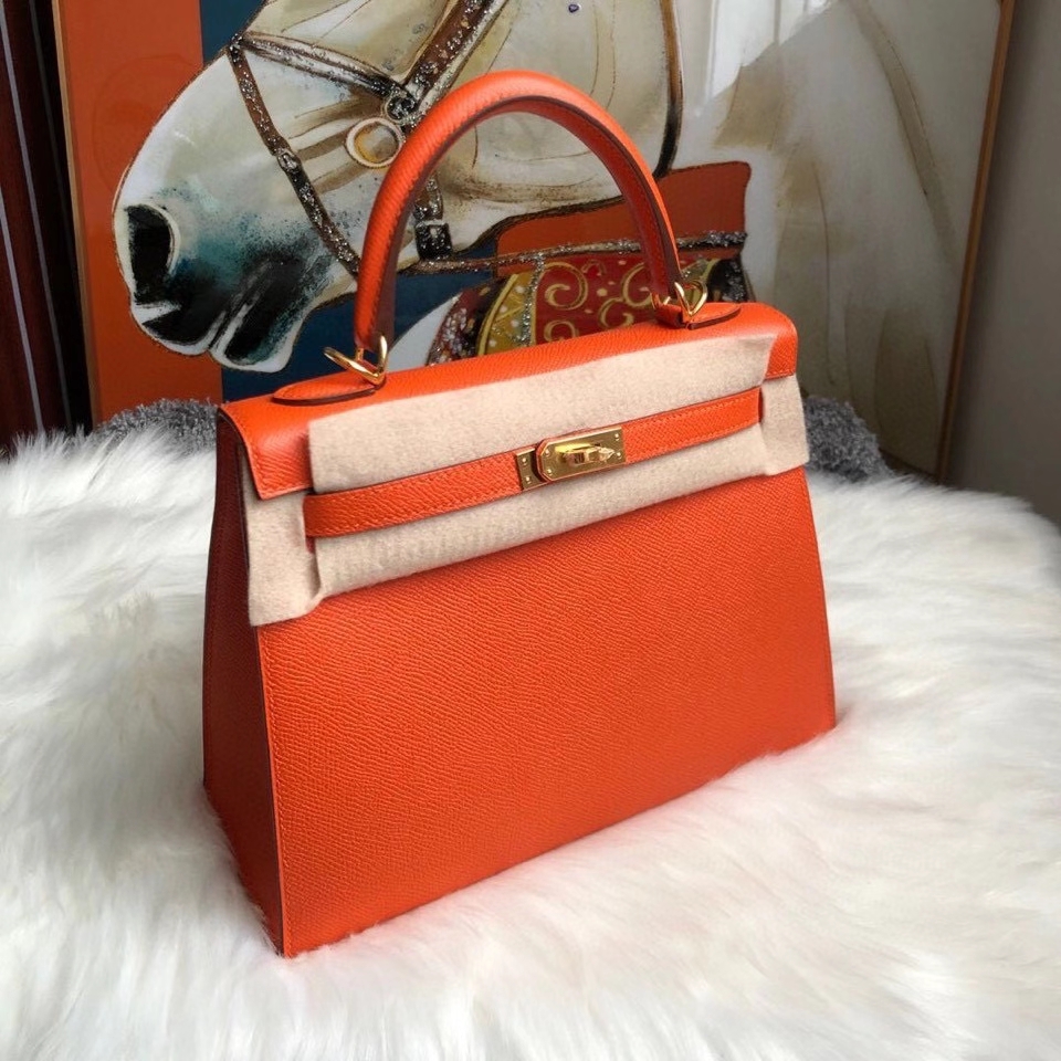 Hermès（爱马仕）Kelly 25cm Eposom 原厂掌纹皮 9J 火焰橙色 FEU. 金扣 顶级手缝 超美现货