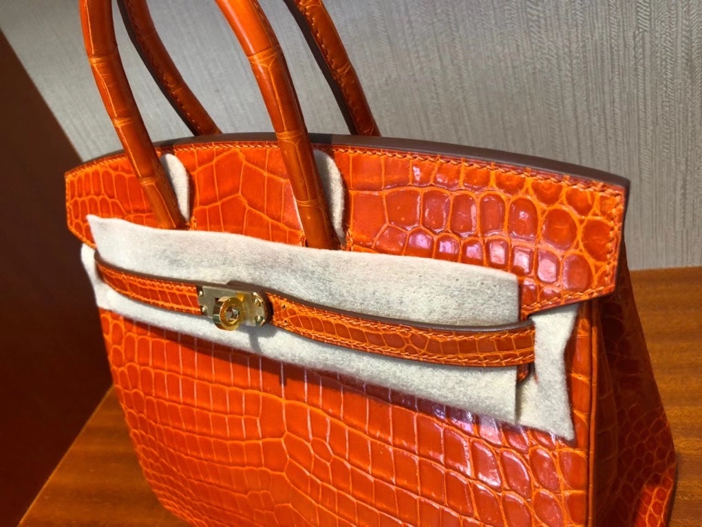 Hermès（爱马仕）Birkin 25cm Crocodile shiny 亮面鳄鱼 93 橙色 Orange 金扣 顶级手缝 现货