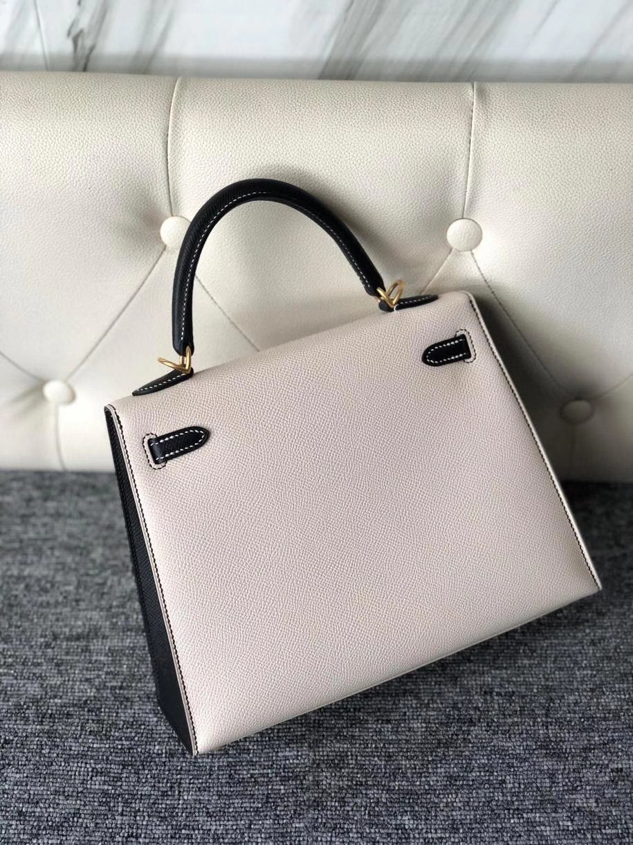 Hermès（爱马仕）Kelly 25cm Epsom 原厂掌纹皮 ck10 奶昔白拼 ck89 黑色 拉丝金扣 马蹄印 顶级手缝 现货