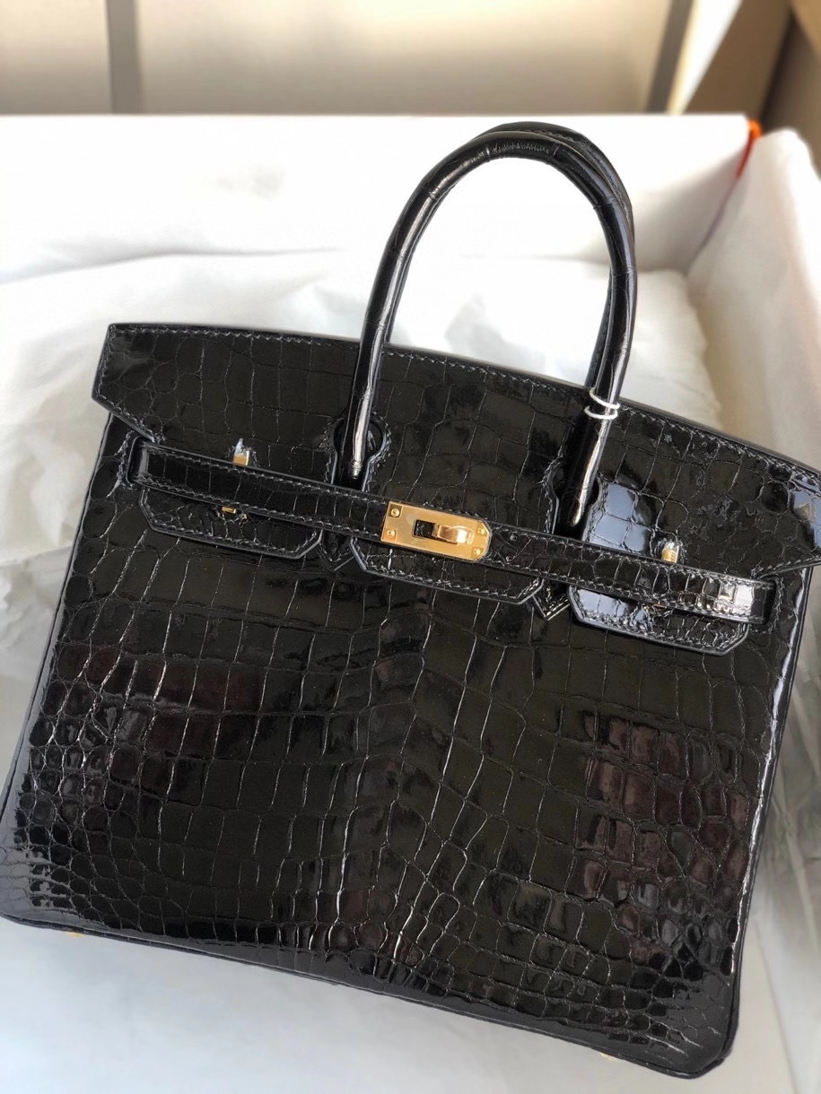 Hermès（爱马仕）Birkin 25cm Crocodile shiny 亮面鳄鱼ck89 黑色 Noir 金扣 顶级手缝 现货
