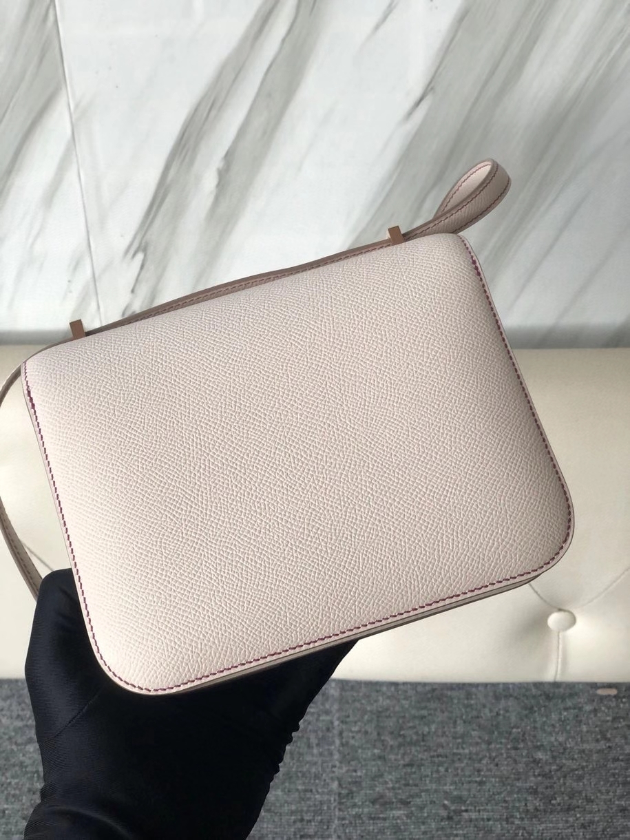 Hermès（爱马仕）Constance 18cm Epsom 原厂掌纹皮 ck10 奶昔白 内拼 玫瑰紫 金扣 马蹄印 定制