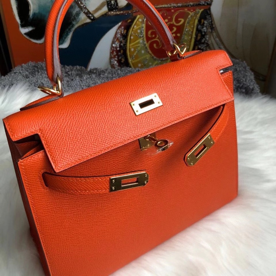 Hermès（爱马仕）Kelly 25cm Eposom 原厂掌纹皮 9J 火焰橙色 FEU. 金扣 顶级手缝 超美现货