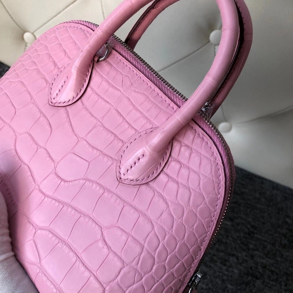 Hermès（爱马仕）Mini bolide alligator matt 雾面鳄鱼 5p 樱花粉  银扣 顶级手缝 现货