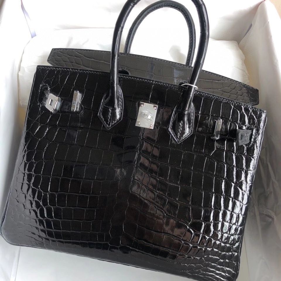 Hermès（爱马仕）Birkin 25cm Crocodile shiny 亮面鳄鱼 ck89 黑色 银扣 顶级手缝 现货