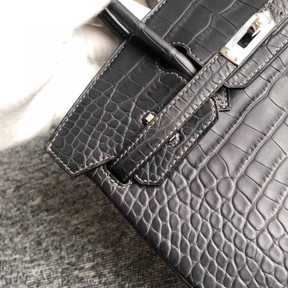 Hermès（爱马仕）Birkin 25cm Alligator matt 雾面鳄鱼  ck88 石墨灰 graphite 银扣 顶级手缝  现货
