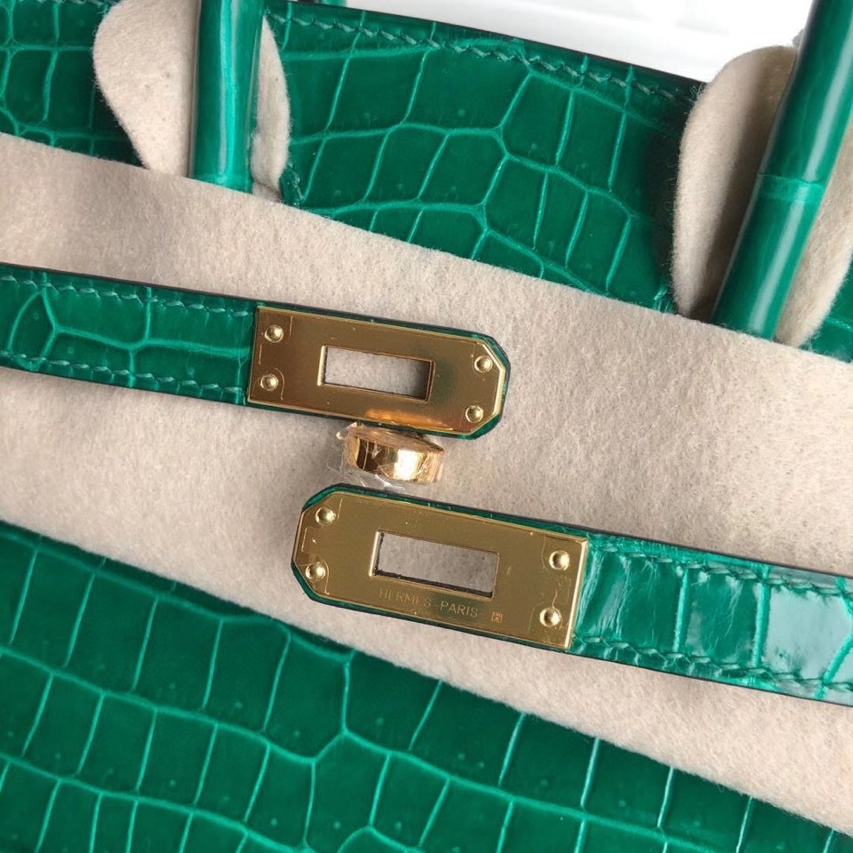 Hermès（爱马仕）Birkin 25cm Porosus shiny 亮面澳洲湾鳄鳄鱼 7Ｑ翡翠绿 金扣 正品五金 定制