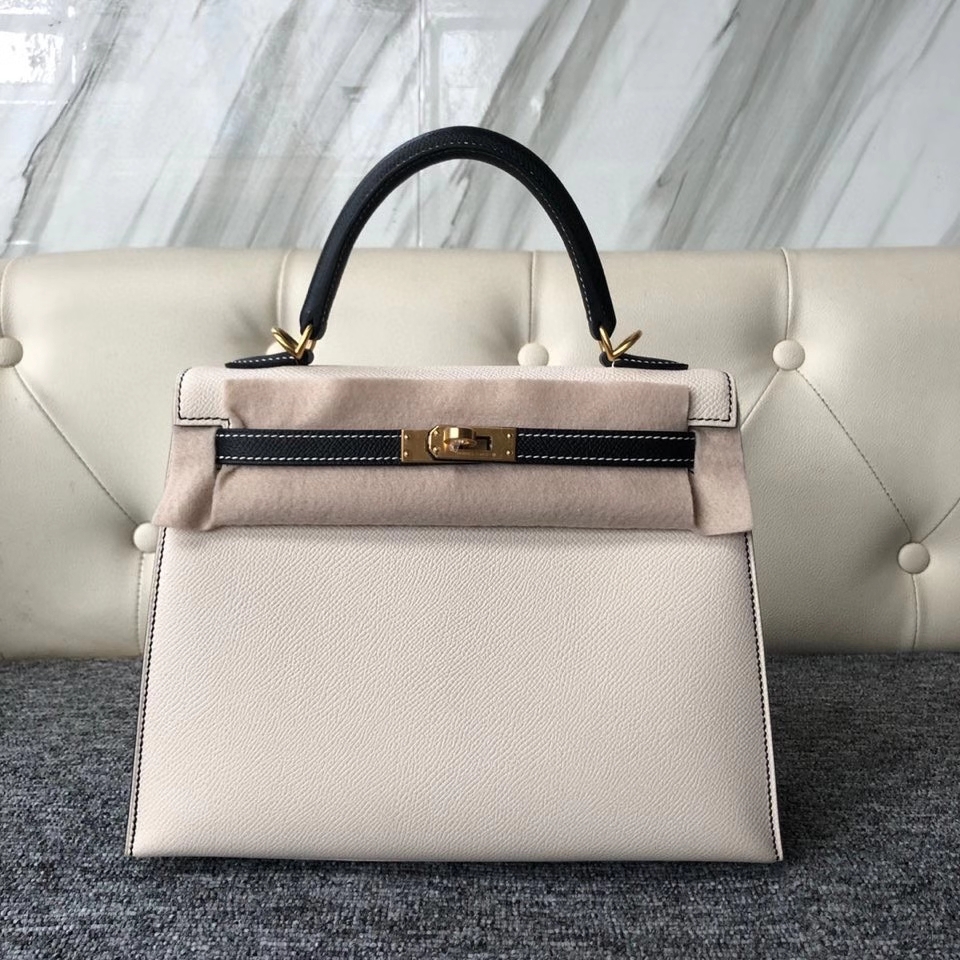 Hermès（爱马仕）Kelly 25cm Epsom 原厂掌纹皮 ck10 奶昔白拼 ck89 黑色 拉丝金扣 马蹄印 顶级手缝 现货