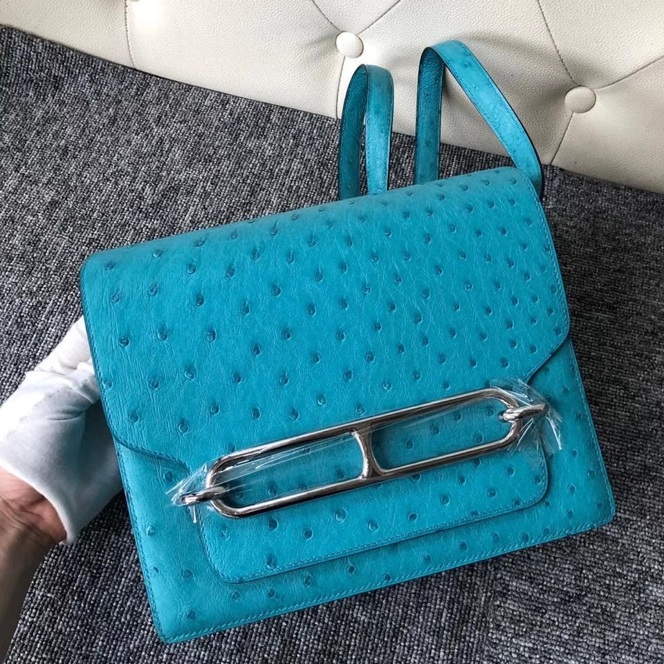 Hermès（爱马仕）Roulis 24cm Ostrich kk鸵鸟 蒂芙尼蓝 银扣 顶级手缝 定制