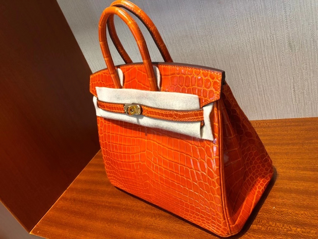 Hermès（爱马仕）Birkin 25cm Crocodile shiny 亮面鳄鱼 93 橙色 Orange 金扣 顶级手缝 现货