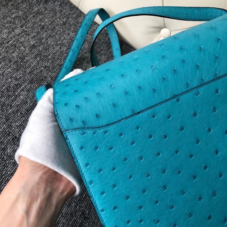 Hermès（爱马仕）Roulis 24cm Ostrich kk鸵鸟 蒂芙尼蓝 银扣 顶级手缝 定制