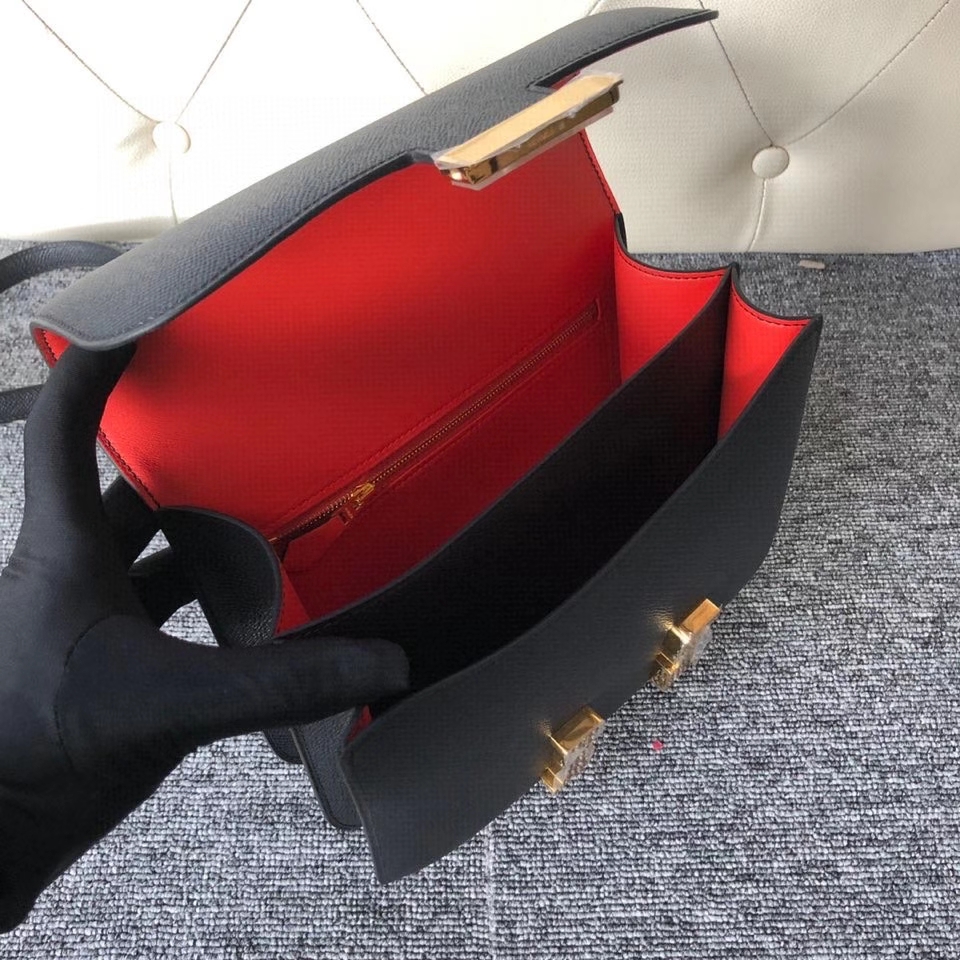 Hermès（爱马仕）Constance 24cm Epsom 原厂掌纹皮  ck89黑色  Noir 内拼 Q5 国旗红 金扣 马蹄印 顶级手缝 现货