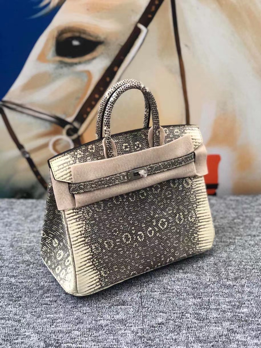 Hermès（爱马仕）Birkin 25cm Lizard 进口亮面蜥蜴 01原色 小喜马拉雅色 银扣 现货
