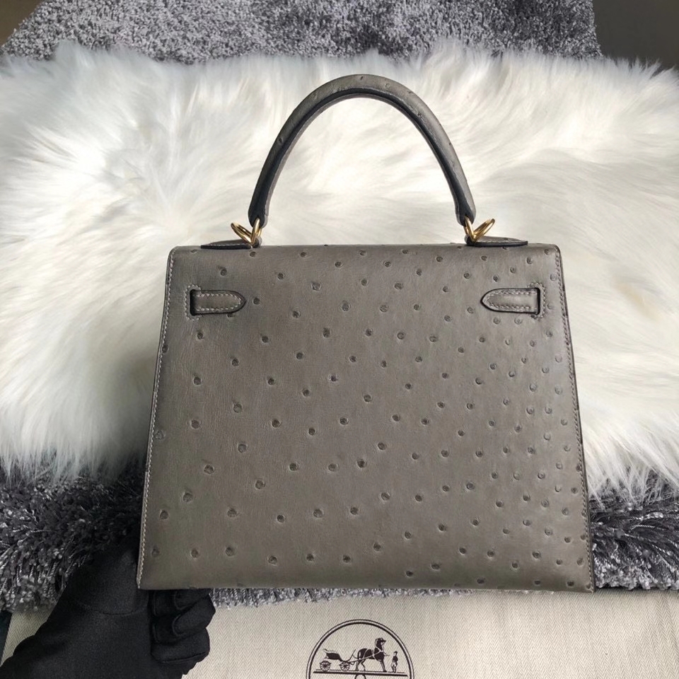 Hermès（爱马仕）Kelly 25cm Ostrich kk鸵鸟 M8 沥青灰 Gris Ashpite 金扣 顶级手缝 现货