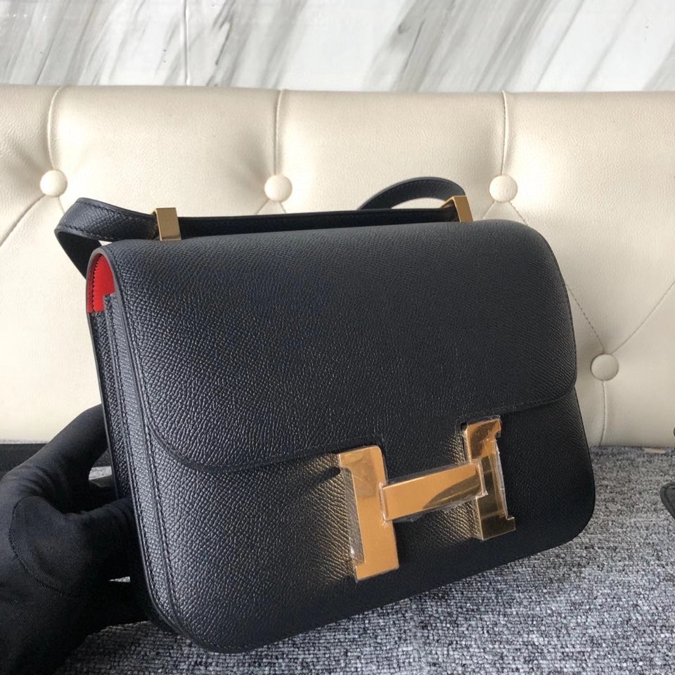 Hermès（爱马仕）Constance 24cm Epsom 原厂掌纹皮  ck89黑色  Noir 内拼 Q5 国旗红 金扣 马蹄印 顶级手缝 现货