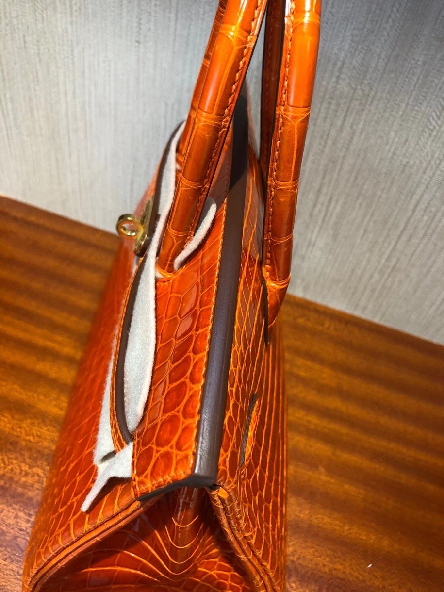 Hermès（爱马仕）Birkin 25cm Crocodile shiny 亮面鳄鱼 93 橙色 Orange 金扣 顶级手缝 现货