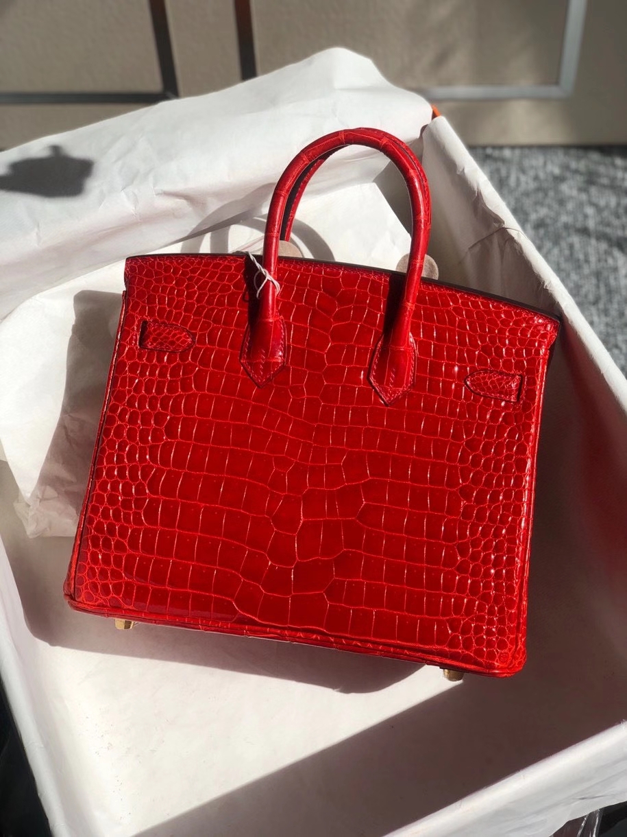 Hermès（爱马仕）Birkin 25cm Porosus shiny 亮面澳洲湾鳄 ck95 法拉利红 Braise 金扣 顶级手缝 现货