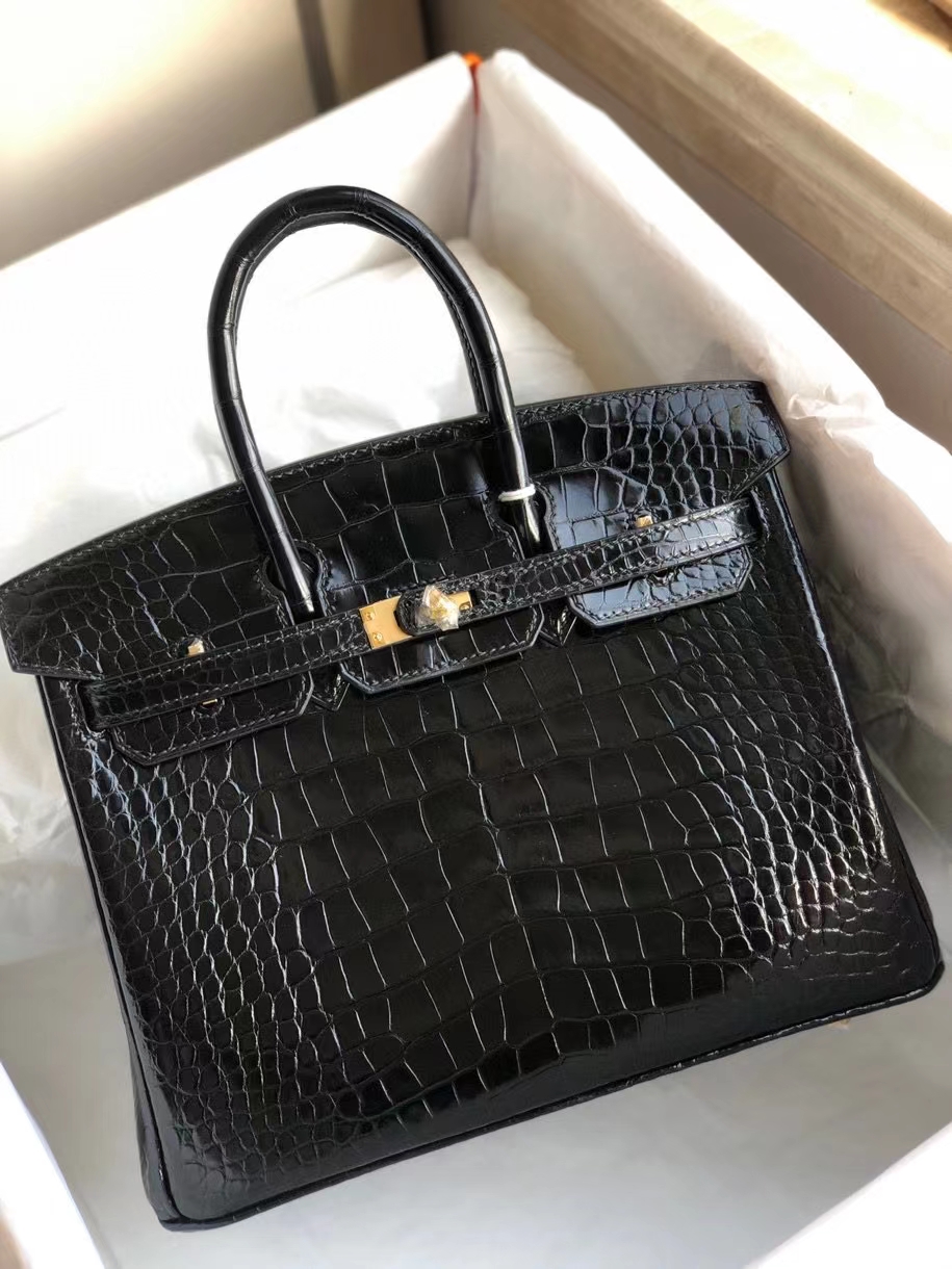 Hermès（爱马仕）Birkin 25cm Alligator shiny 亮面鳄鱼ck89 黑色 Noir 金扣 顶级手缝 现货