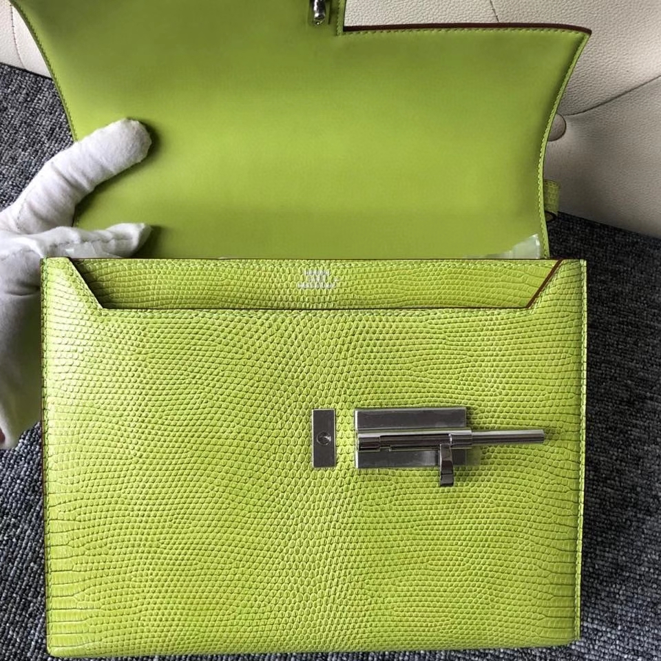 Hermès（爱马仕）Verrou 24cm Lizard 进口亮面蜥蜴 6R 奇异果绿 银扣 顶级手缝