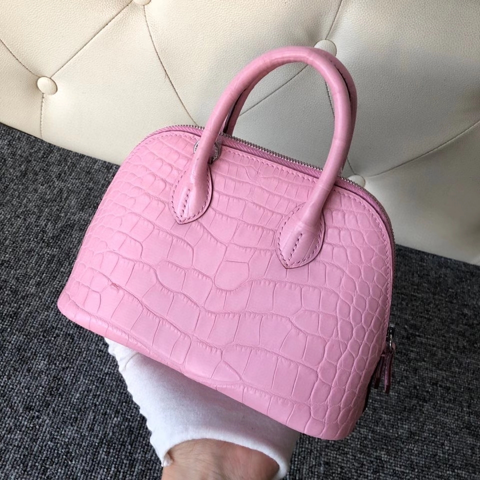 Hermès（爱马仕）Mini bolide alligator matt 雾面鳄鱼 5p 樱花粉  银扣 顶级手缝 现货