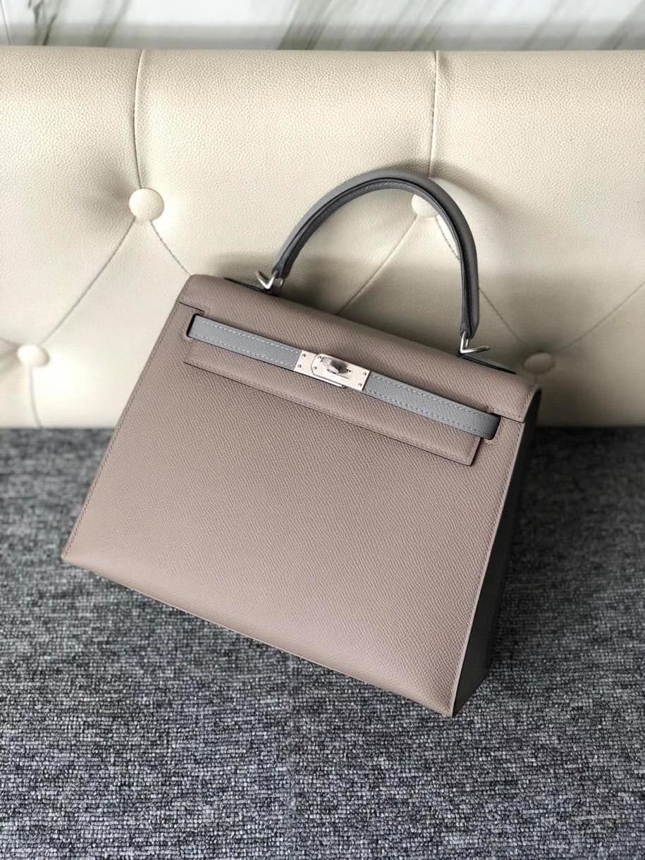 Hermès（爱马仕）Kelly 25cm Epsom 原厂掌纹皮  M8 沥青灰拼 4Z 海鸥灰 拉丝银扣 马蹄印 顶级手缝 现货