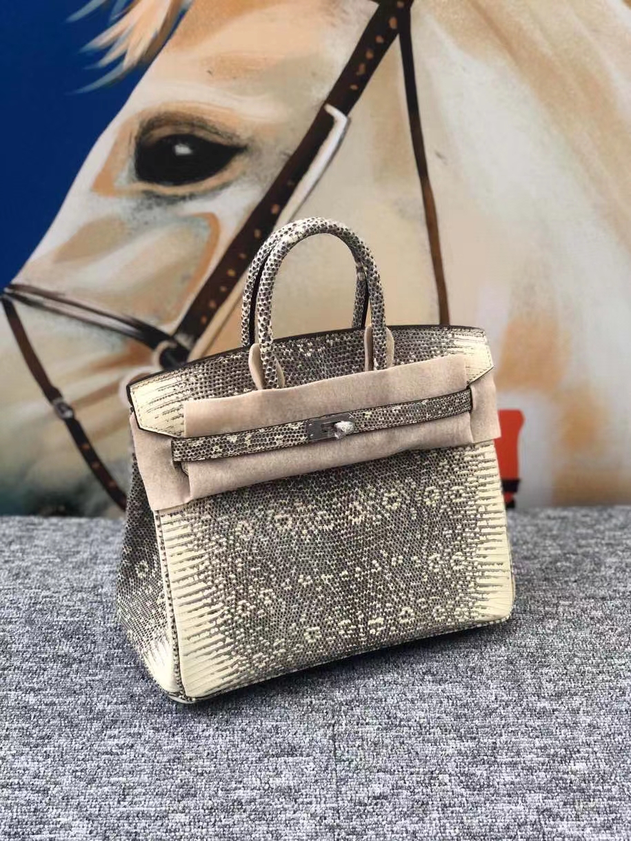 Hermès（爱马仕）Birkin 25cm Lizard 进口亮面蜥蜴 02原色 小喜马拉雅色 银扣 现货