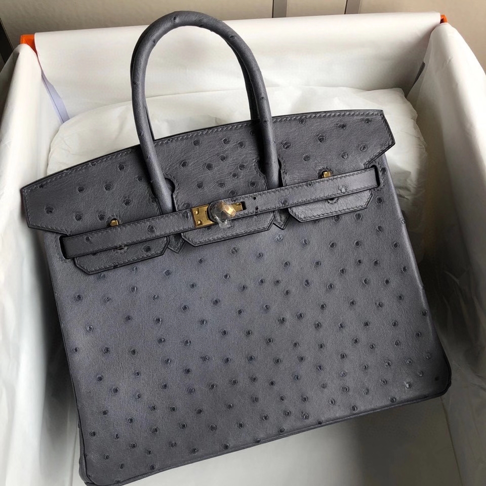 Hermès（爱马仕）Birkin 25cm Ostrich kk 鸵鸟 玛瑙灰 金扣 顶级手缝 现货