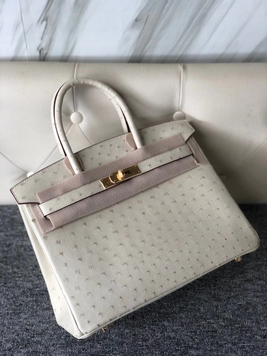 Hermès（爱马仕）Birkin 30cm Ostrich kk 鸵鸟 3C 羊毛白 金扣 顶级手缝 现货