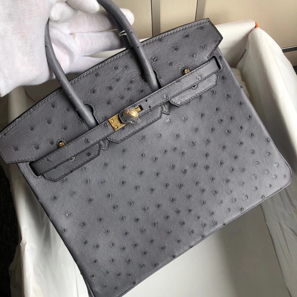 Hermès（爱马仕）Birkin 25cm Ostrich kk 鸵鸟 玛瑙灰 金扣 顶级手缝 现货