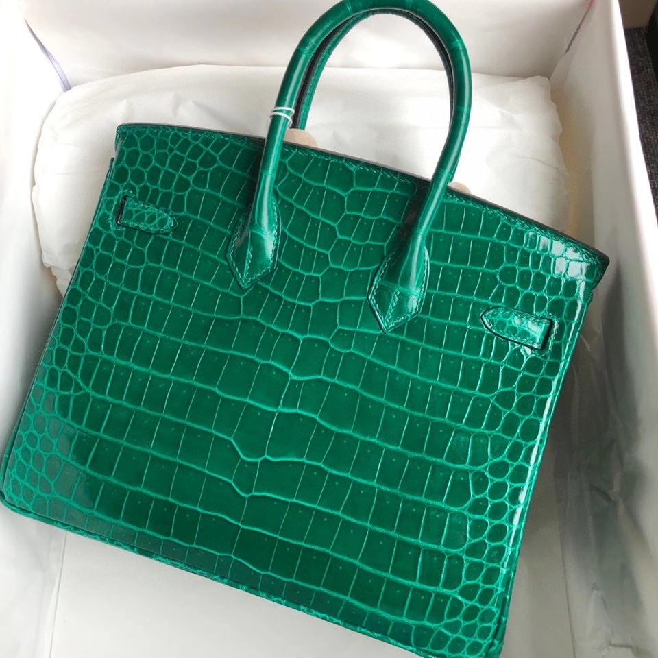 Hermès（爱马仕）Birkin 25cm Porosus shiny 亮面澳洲湾鳄鳄鱼 7Ｑ翡翠绿 金扣 正品五金 定制
