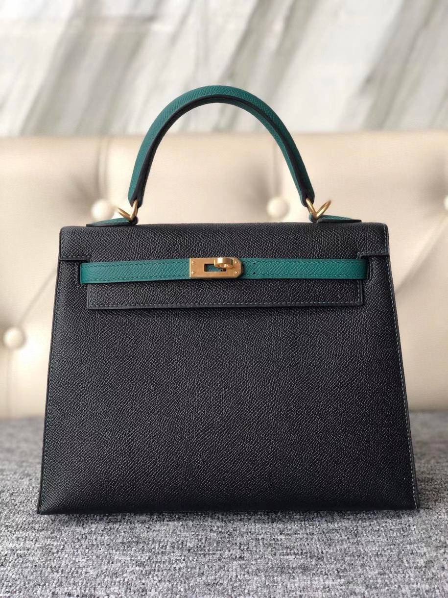 Hermès（爱马仕）Kelly 25cm 原厂掌纹皮 Epsom ck89 黑色 Noir 拼 Z6 孔雀绿 拉丝金扣 马蹄印 顶级手缝 现货
