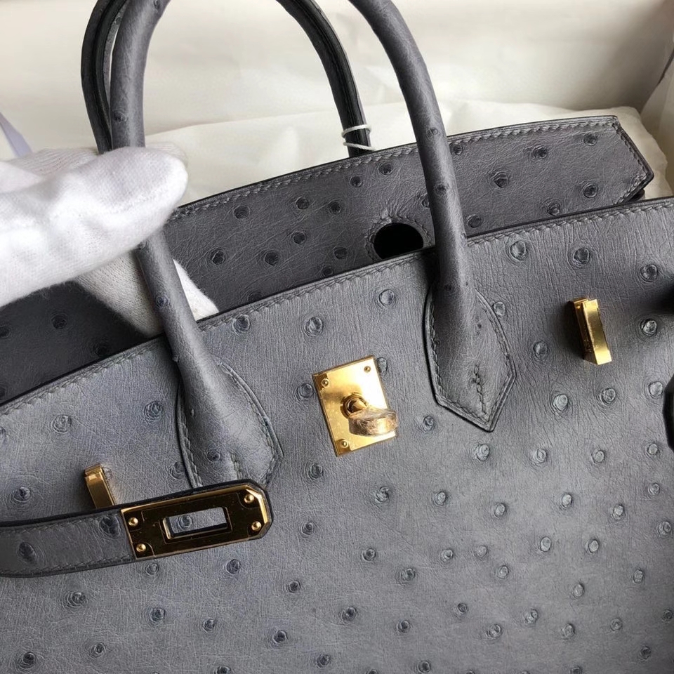 Hermès（爱马仕）Birkin 25cm Ostrich kk 鸵鸟 玛瑙灰 金扣 顶级手缝 现货